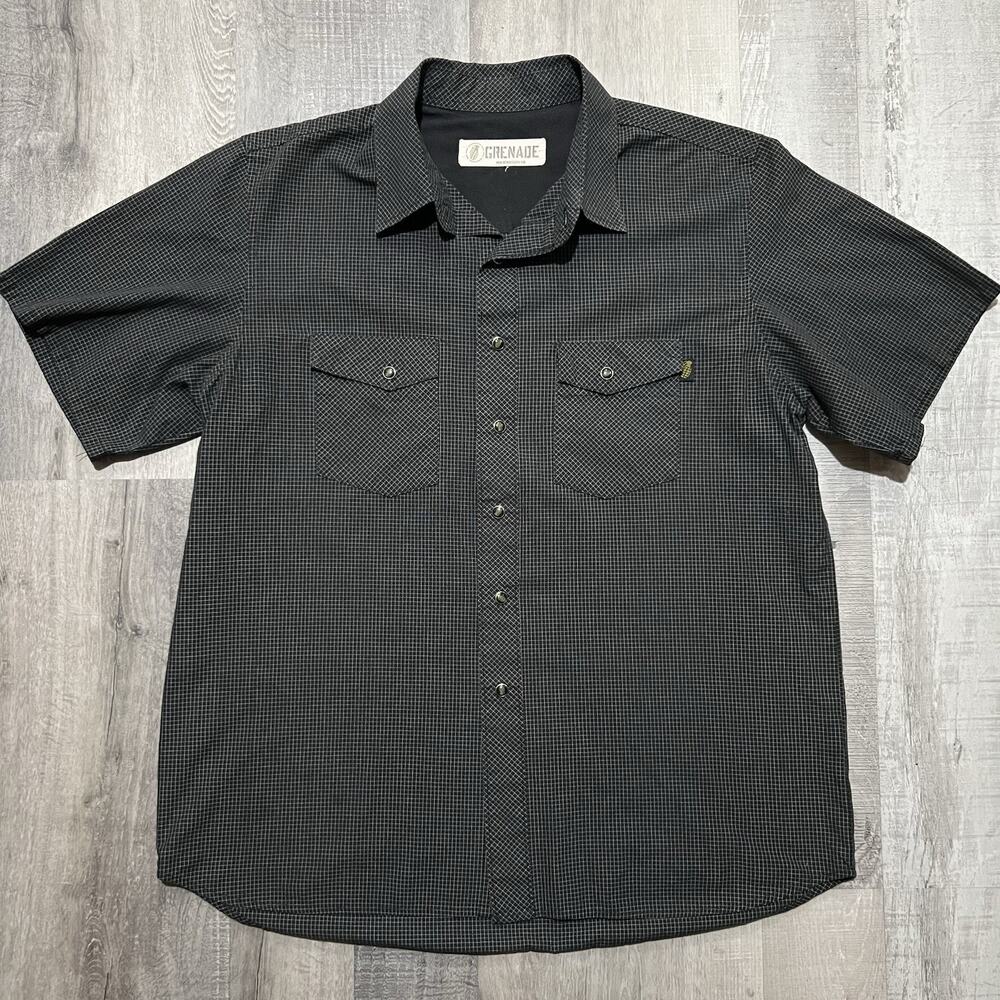 Grenade Gloves Snowboarding Black Pearl Snap Shirt Skater Grid Pattern SS Mens L